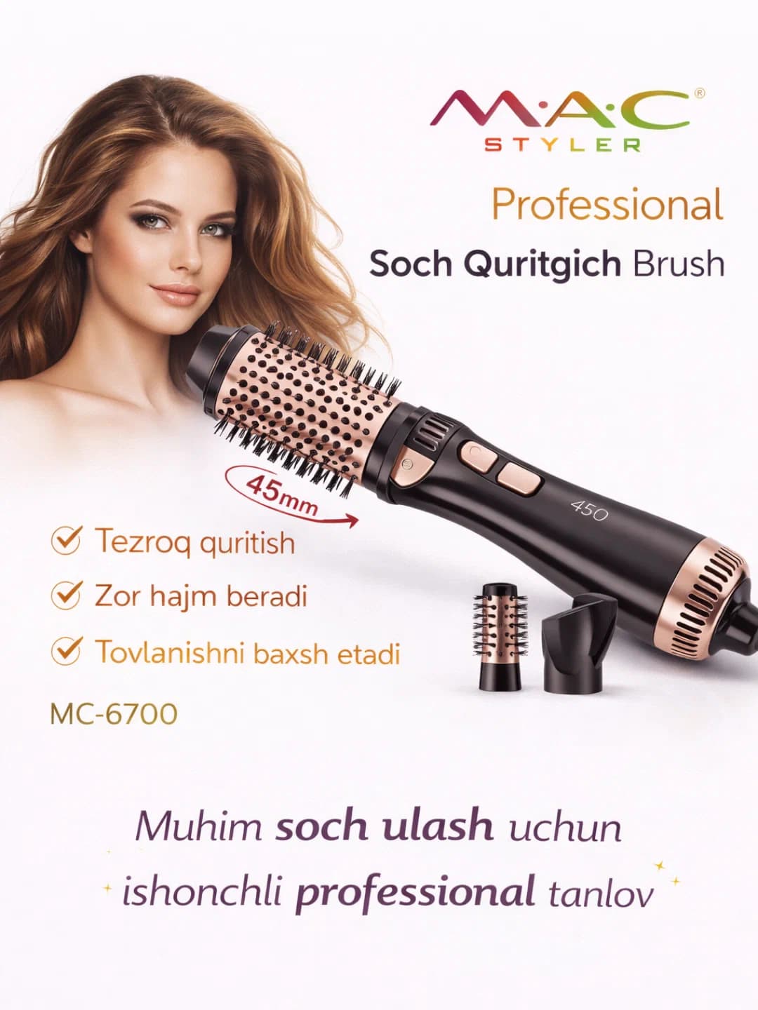 MAC-6700 Styler Professional Hot Air Brush for Drying and Styling