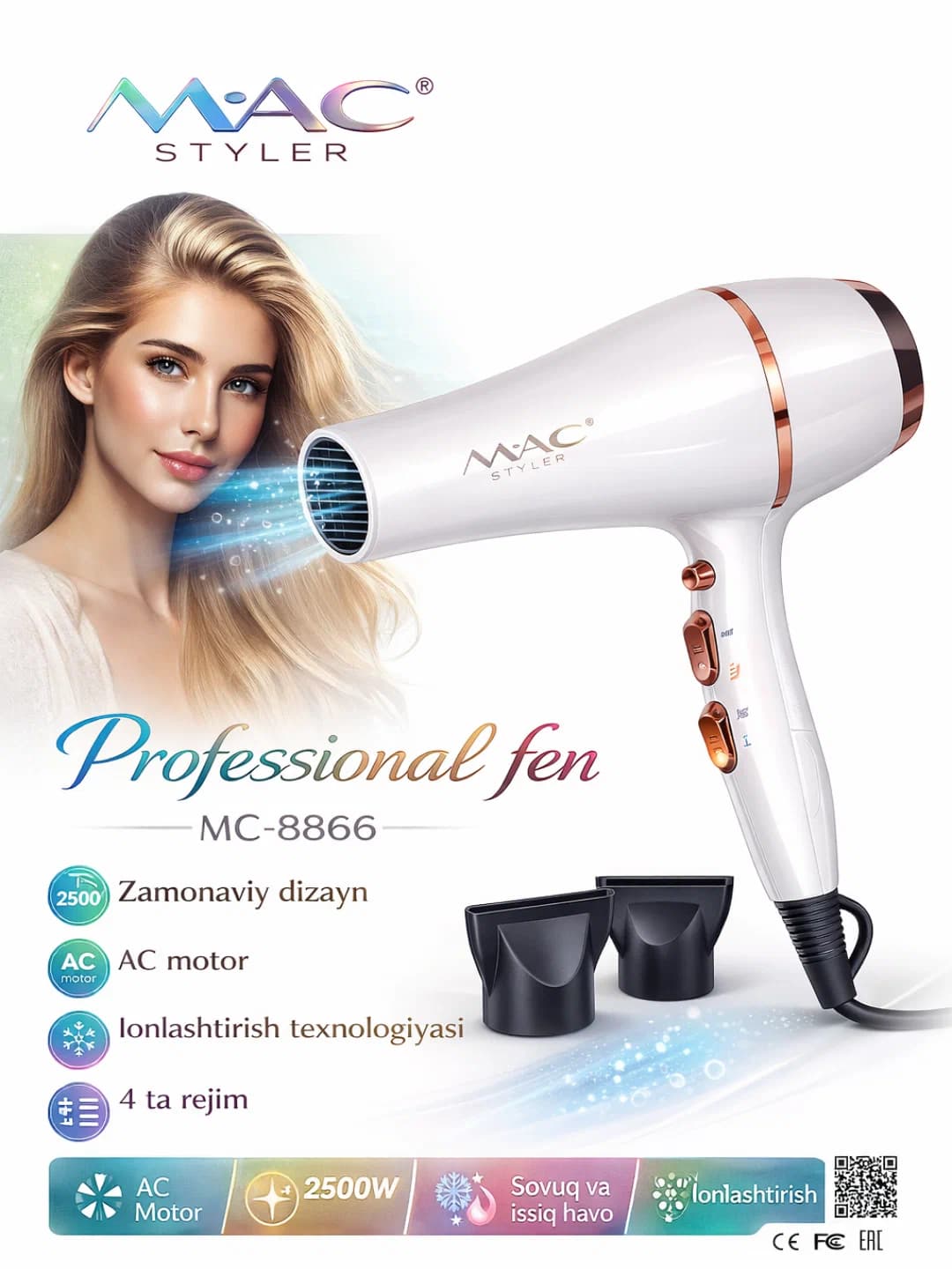 MAC Styler 8866 Professional Hair Dryer, AC Motor, 2500 W, White