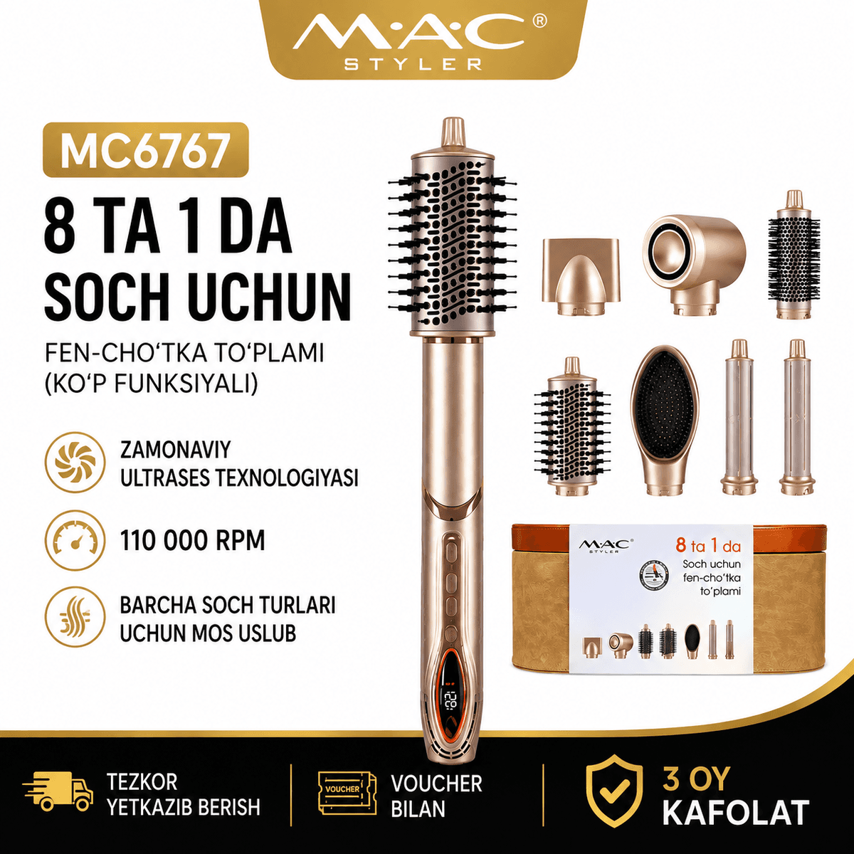 MAC Styler 8 in 1 Hair Styler Multi Attachment Blow Dryer Brush Set MC6767