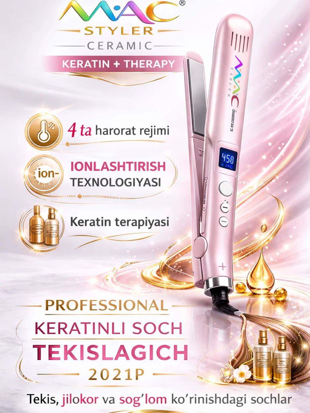MAC Styler MC-2021P Professional Hair Straightener, Ceramic, LED, 480°F