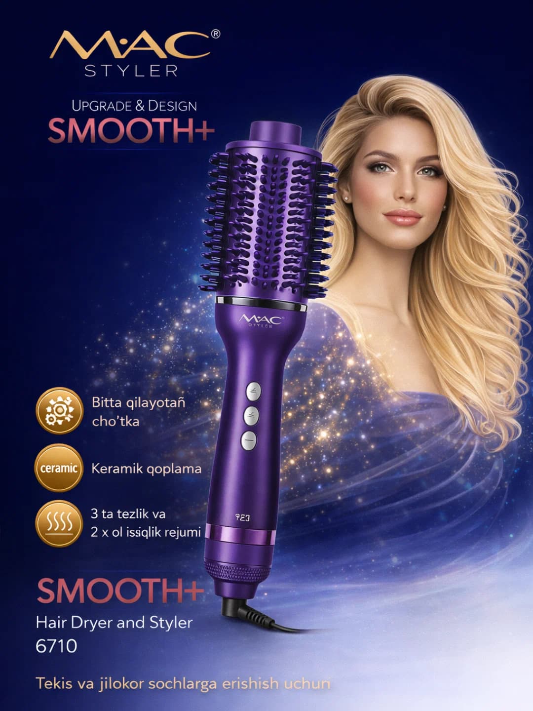 MAC-6710 Styler Smooth+ Rotating Hot Air Brush for Drying and Straightening